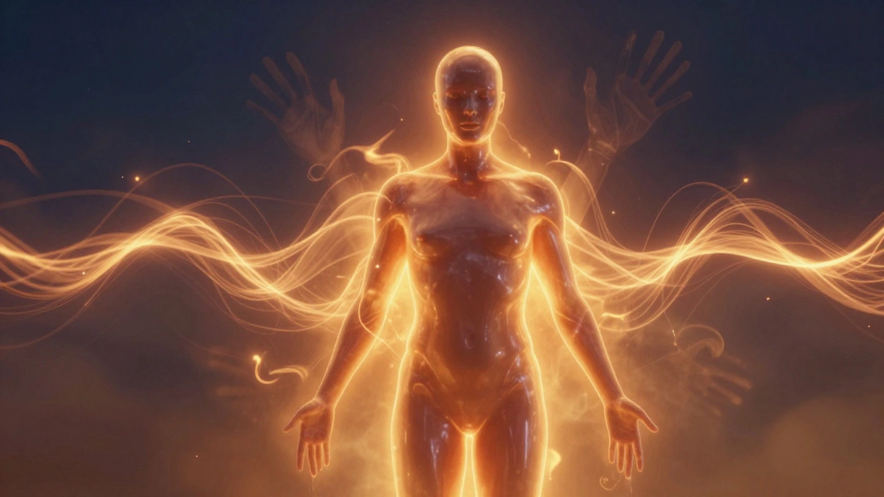 A human silhouette encased in latex, surrounded by abstract waves representing heat, sound, and tactile feedback.