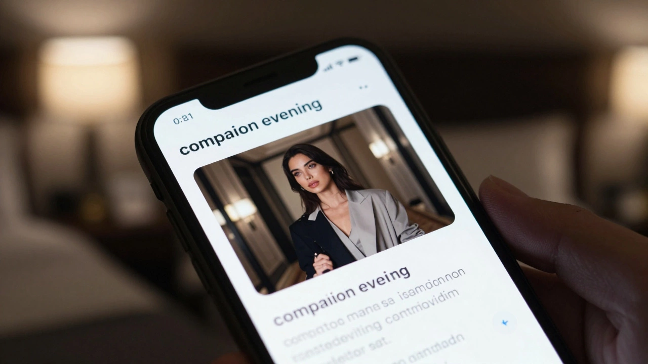 A smartphone display showing a discreet escort ad in a dark hotel room, no text visible.