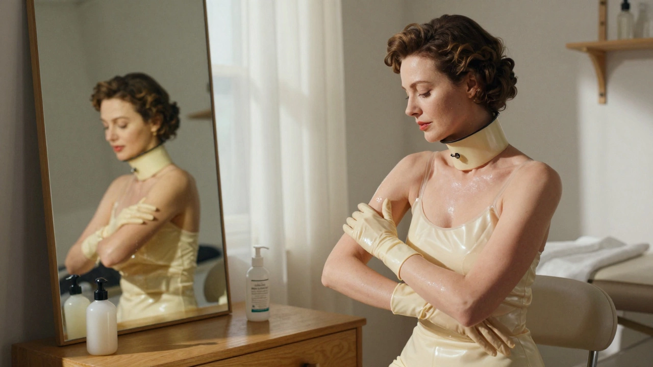 A woman in latex gloves and collar applying oil to her arms in a sunlit studio, calm and reflective.