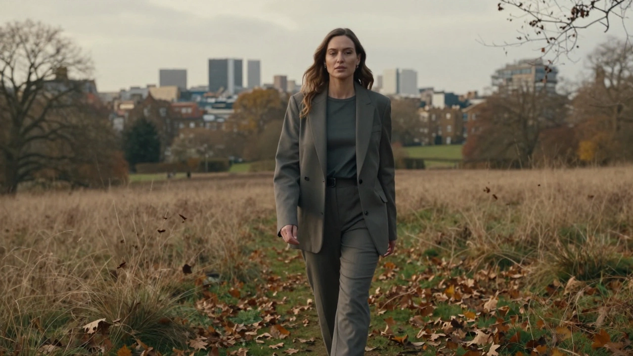 A woman walking calmly through Hampstead Heath, autumn leaves around her, quiet and composed.