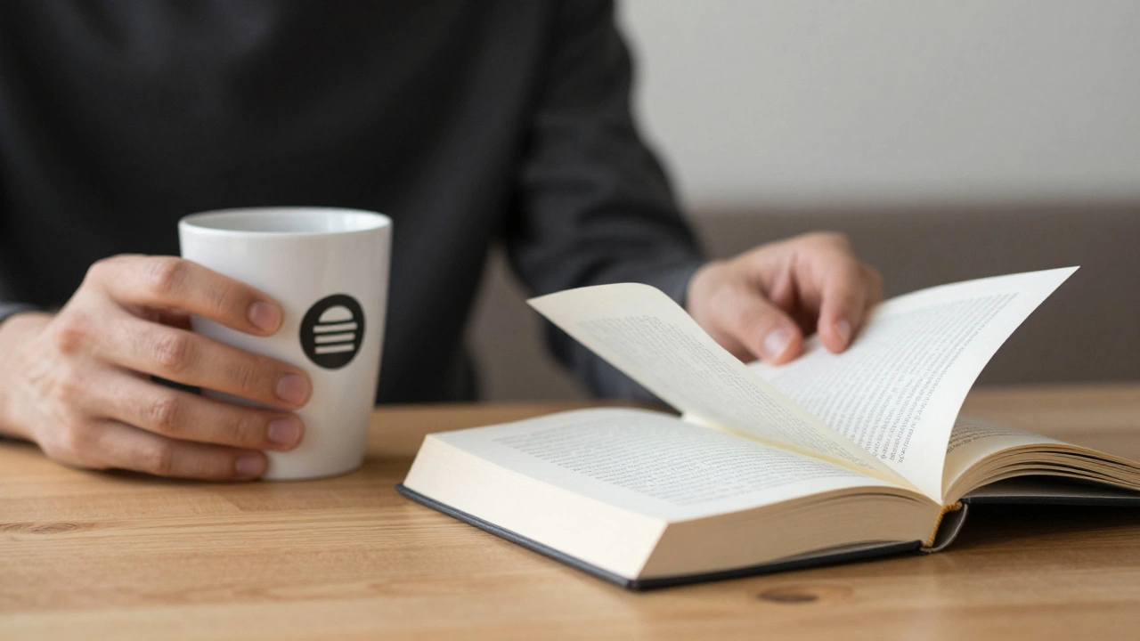 Hands holding a coffee cup and turning a book page, symbolizing quiet, meaningful connection.