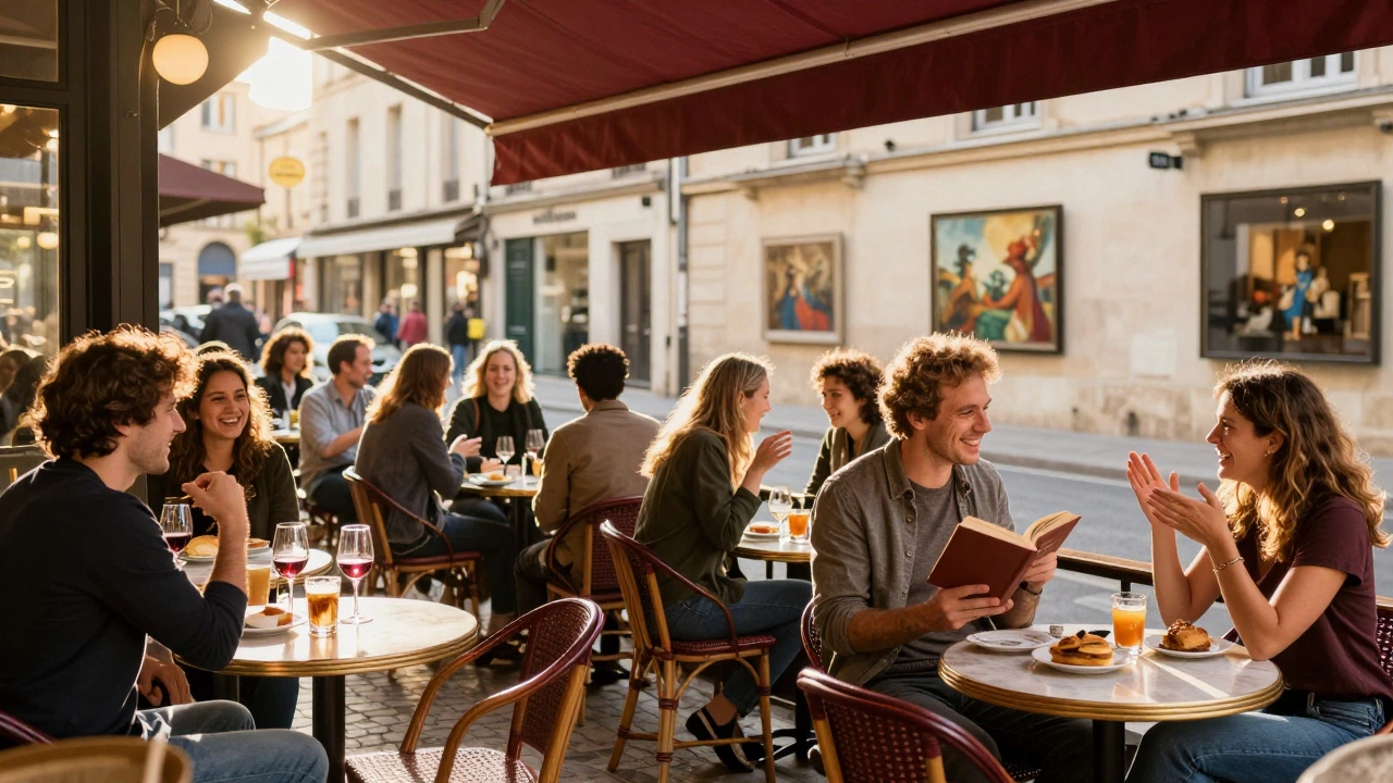 People enjoying wine and conversation in a sunny Montpellier café, authentic social connection.